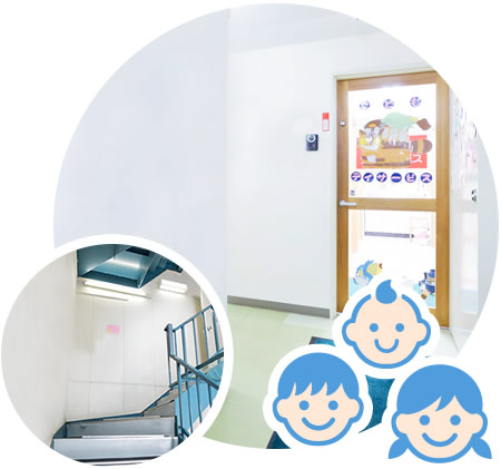 階段を２階まで上がり廊下奥のつきあたりがデイサービス入り口